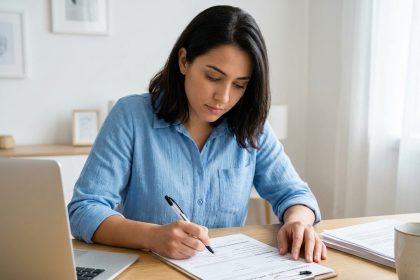 Jeune femme remplissant un formulaire Cerfa pour le permis de conduire à son bureau à domicile