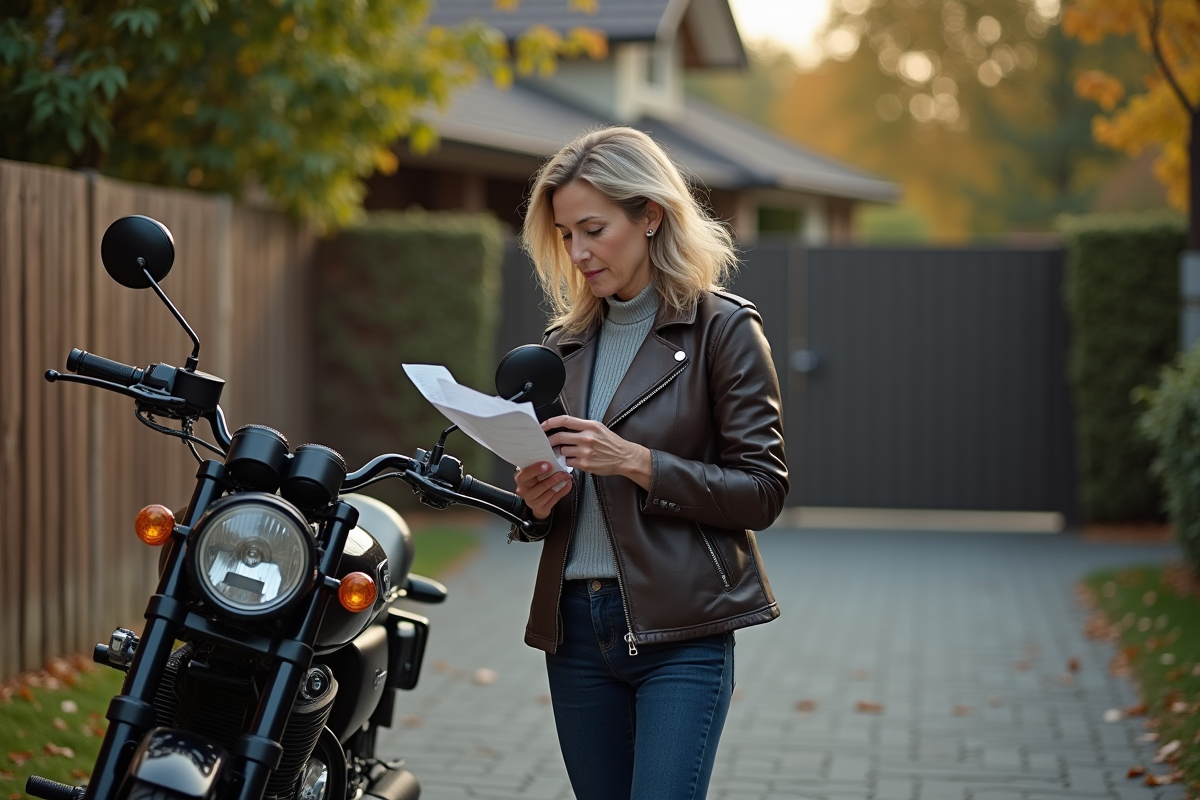 Femme vérifiant des documents de moto devant une maison