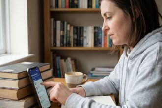Jeune femme révisant le code de la route sur une application smartphone à son bureau à domicile