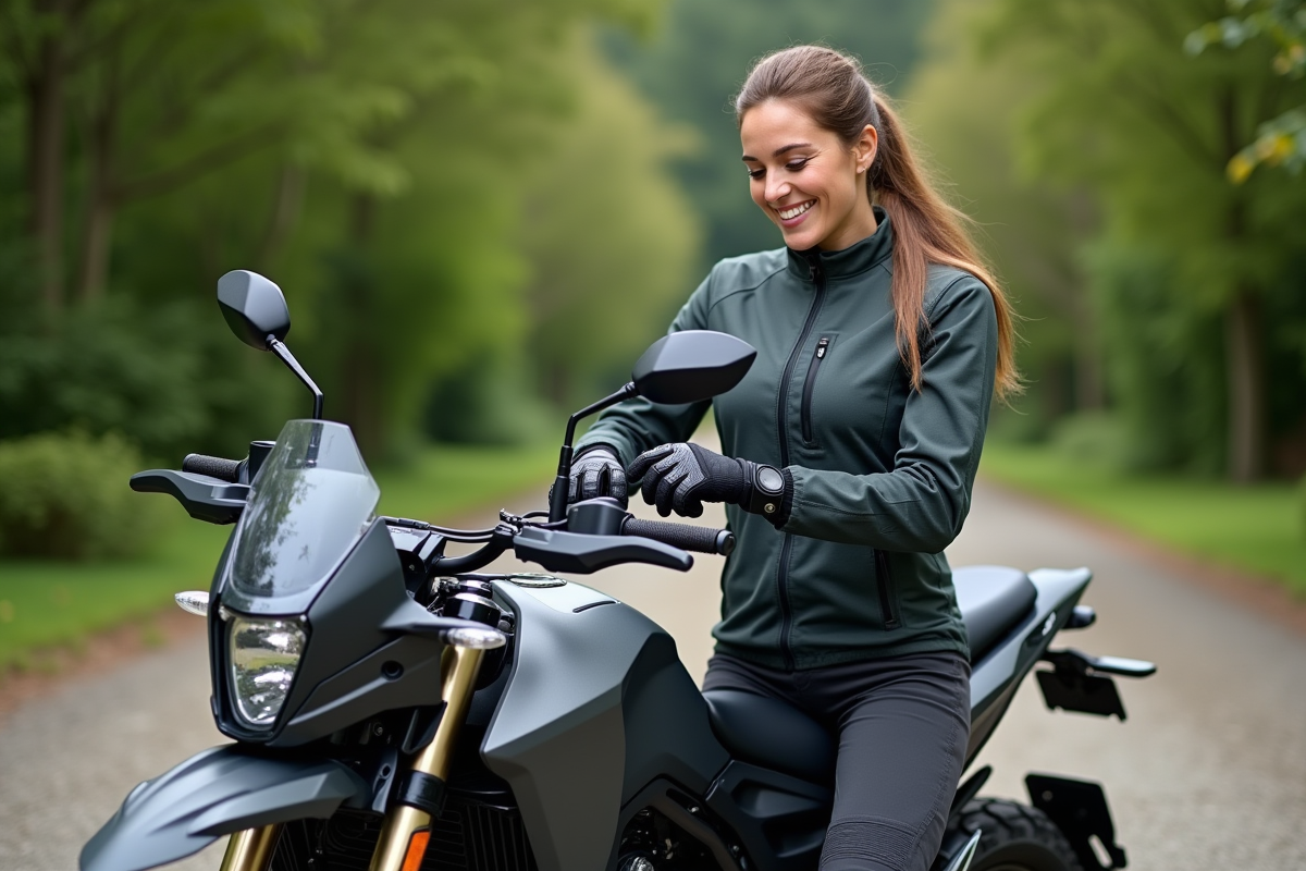 Femme inspectant une moto d