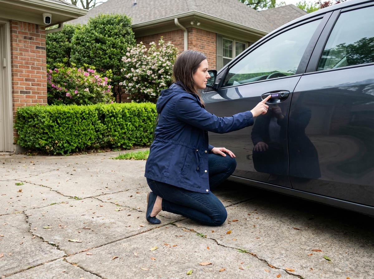 Jeune femme utilisant un module de sécurité numérique près de sa voiture