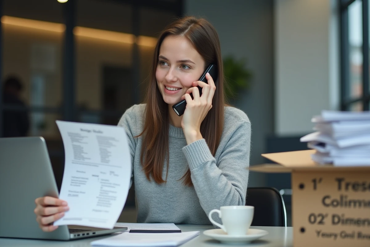 Femme au bureau parlant au téléphone avec un ordinateur et des papiers