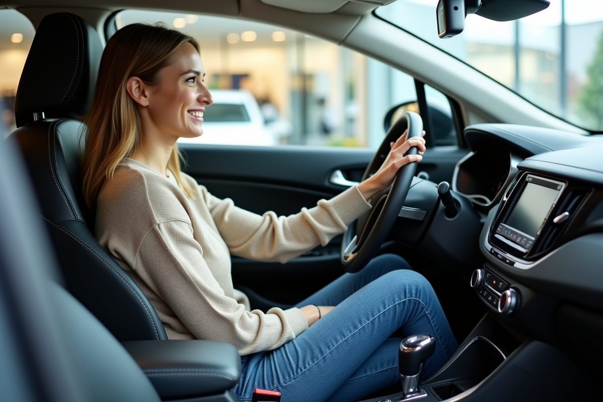 Jeune femme souriante dans l SUV intérieur moderne