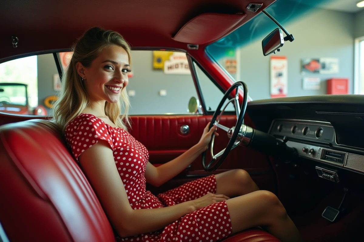 Jeune femme dans la voiture vintage souriant dans le garage