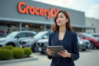 Femme en costume bleu avec tablette devant supermarche moderne