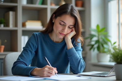 Femme concentrée à son bureau à domicile en train de remplir des papiers