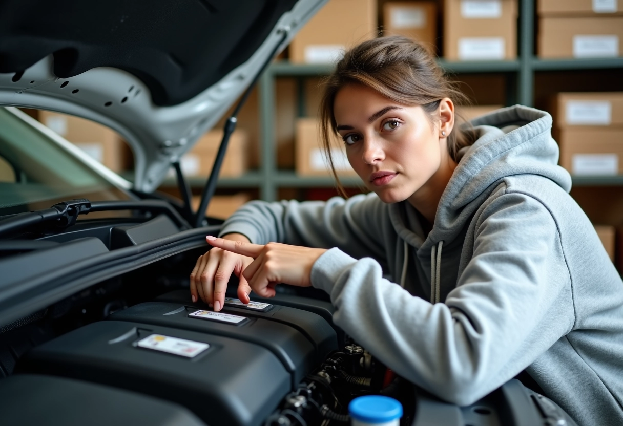 Femme pointant les boîtiers électroniques dans le moteur