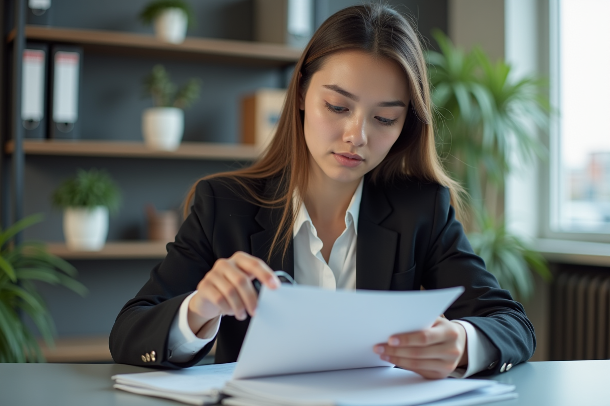 Femme vérifiant des formulaires de location au bureau