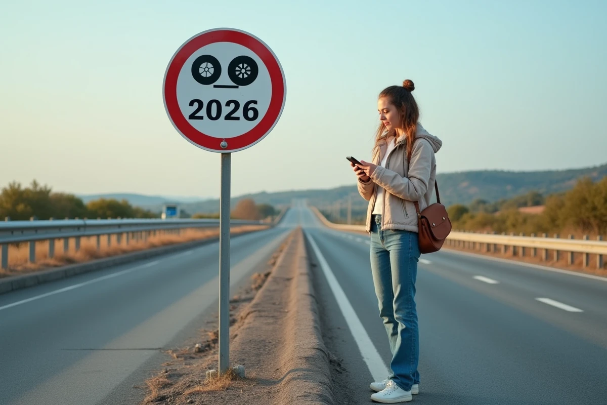 Jeune femme vérifiant un panneau de réglementation des pneus
