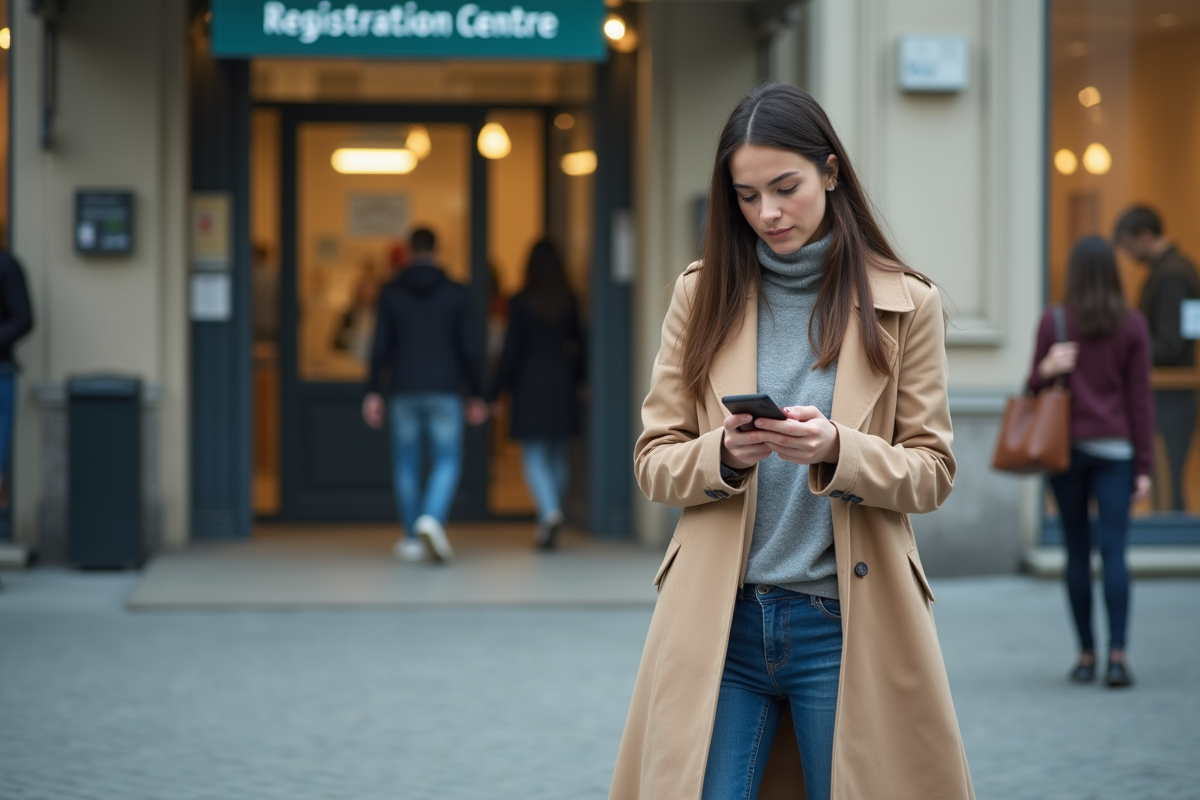 Jeune femme vérifiant son smartphone devant un centre d