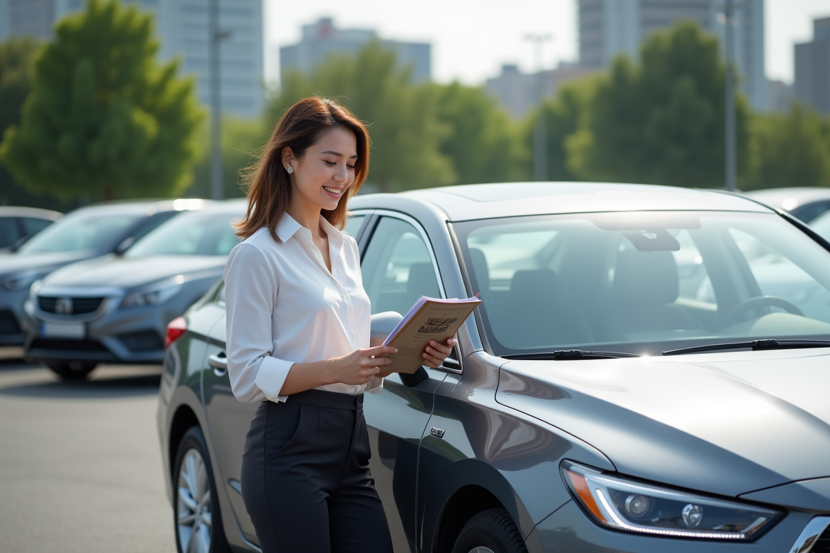 Femme regardant une brochure de voiture dans un parking urbain