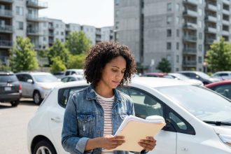 Jeune femme avec voiture électrique en ville