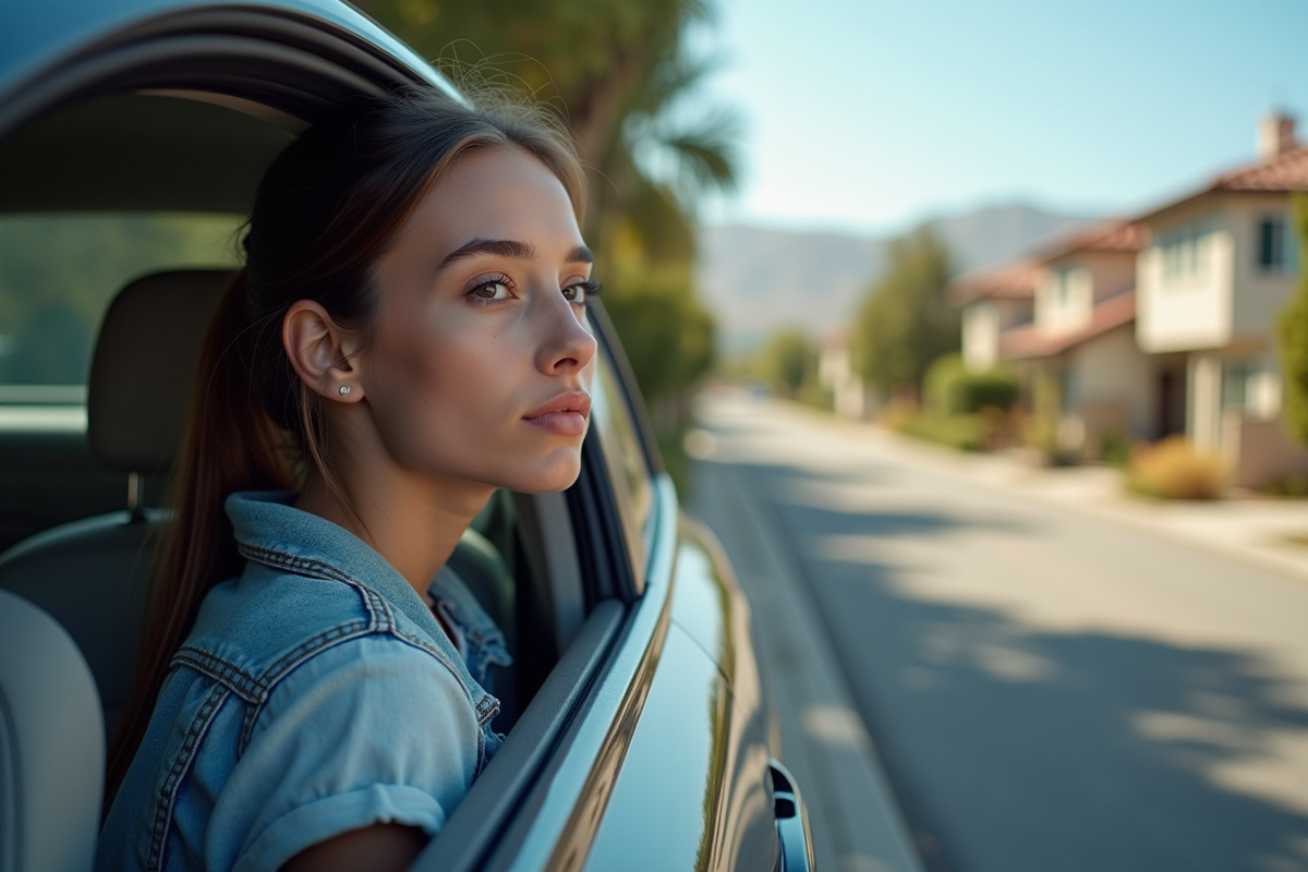 Jeune femme dans une voiture essence stationnée en banlieue californienne