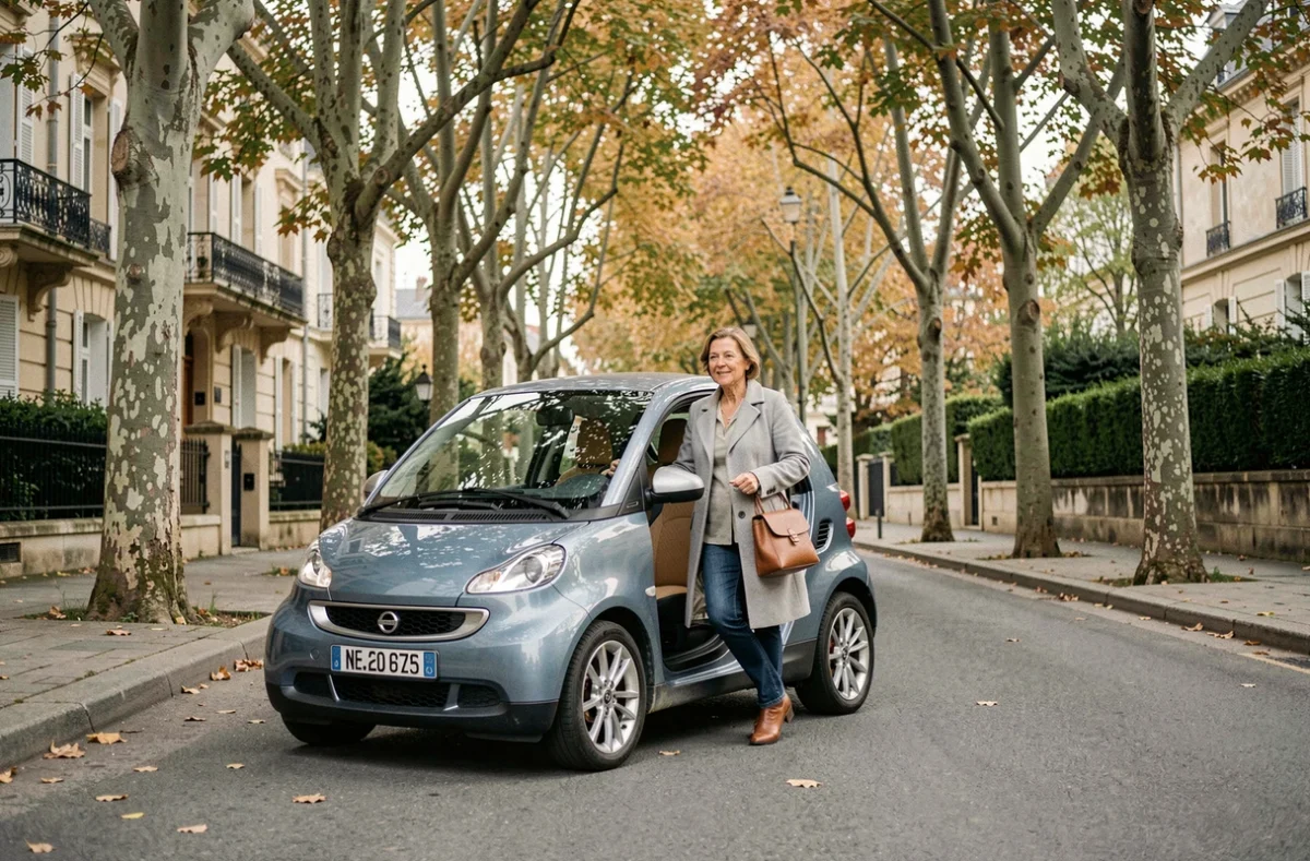 Femme sortant d'une voiture sans permis GTI dans une rue résidentielle française