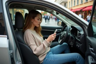 Femme en voiture citadine en ville en train de choisir de la musique