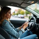 Femme dans une voiture urbaine vérifiant son smartphone