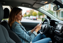 Femme dans une voiture urbaine vérifiant son smartphone