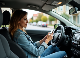 Femme dans une voiture urbaine vérifiant son smartphone