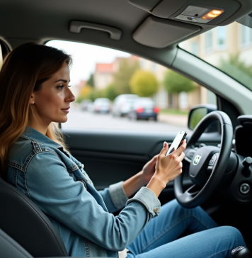 Femme dans une voiture urbaine vérifiant son smartphone