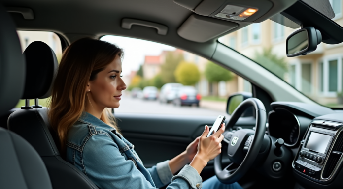 Femme dans une voiture urbaine vérifiant son smartphone