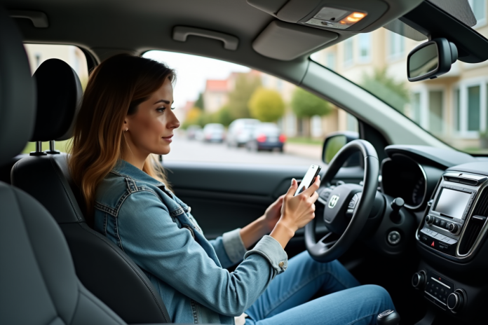 Femme dans une voiture urbaine vérifiant son smartphone