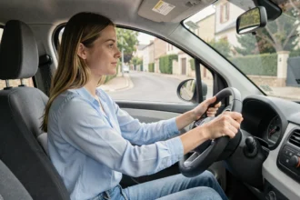 Jeune femme conduisant une voiturette sans permis en milieu urbain