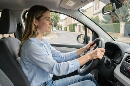 Jeune femme conduisant une voiturette sans permis en milieu urbain