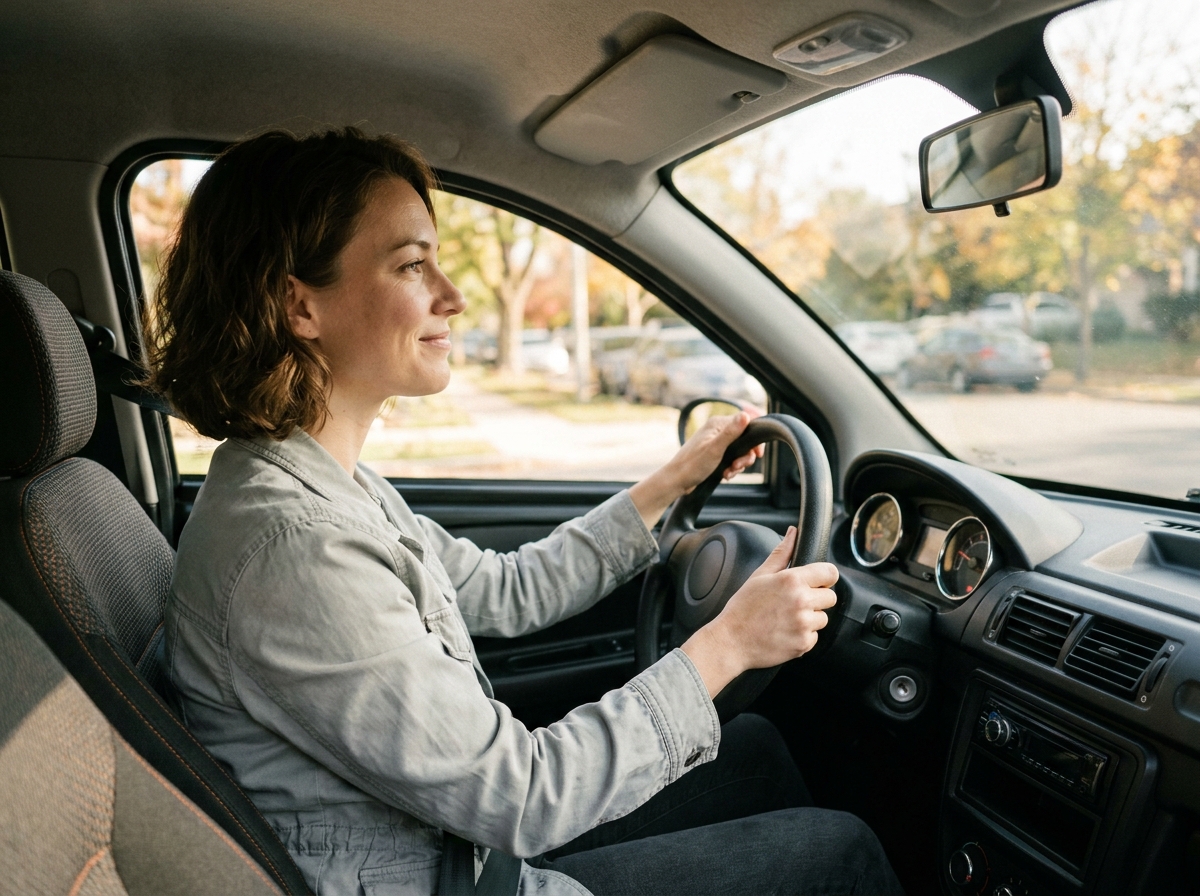 Jeune femme au volant d'une voiture sans permis avec tableau de bord compact visible en intérieur