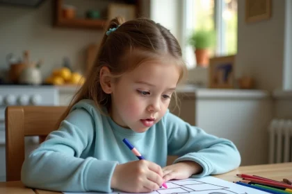 Jeune fille concentrée en train de colorier un dessin de voiture imprimé à table