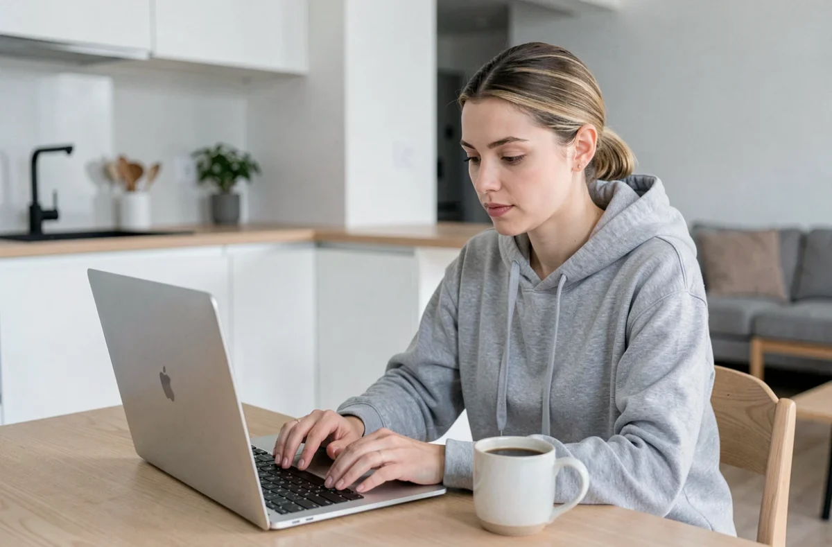 Jeune femme remplissant un formulaire en ligne de résiliation d'assurance auto sur son ordinateur portable
