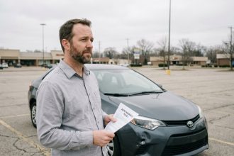 Homme examinant un contrat d'assurance auto devant une voiture d'occasion en parking, illustrant le choix d'une formule intermédiaire