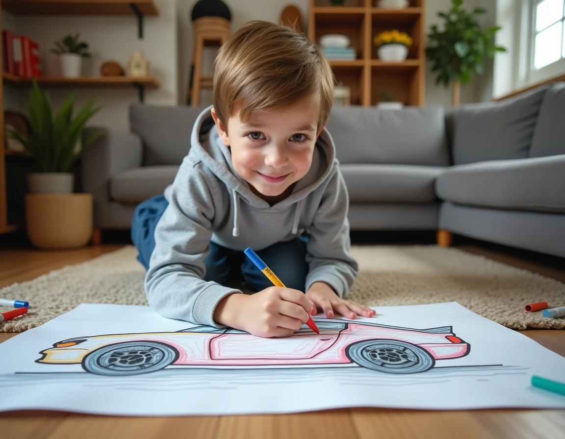 Garçon souriant qui colorie un grand dessin de voiture par terre dans un salon