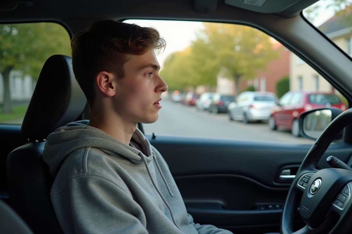 Jeune homme dans une voiture en rue résidentielle