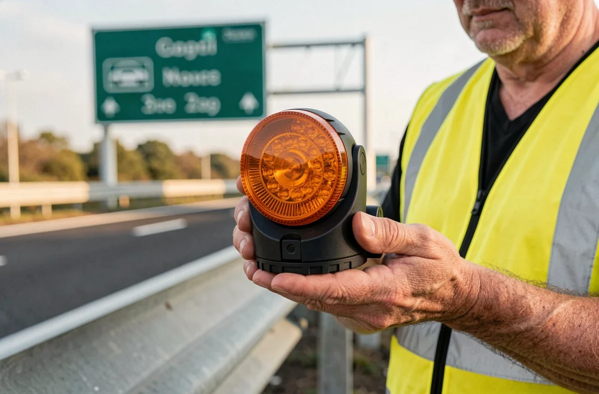 Gros plan sur une balise V16 LED orange tenue par un conducteur en gilet haute visibilité au bord de l'autoroute