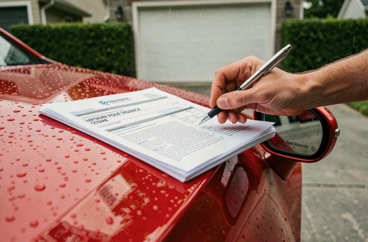 Gros plan d'une carrosserie de voiture rouge avec des documents d'assurance posés dessus, symbolisant le coût d'assurance selon la couleur du véhicule