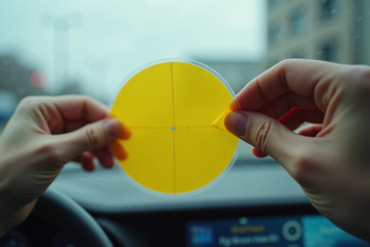 Gros plan sur des mains décollant une vignette Crit'Air jaune de son support pour la coller sur un pare-brise