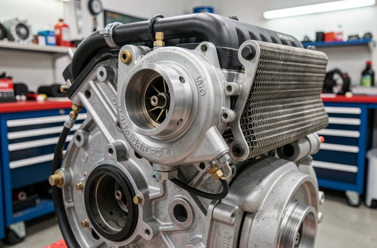 Gros plan sur le turbocompresseur et le collecteur d'admission d'un moteur TCe Renault en atelier de préparation
