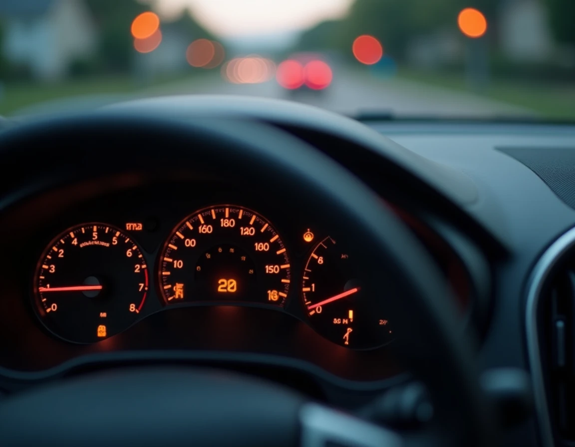 Gros plan sur les voyants d'avertissement allumés du tableau de bord d'une voiture incluant le voyant moteur, airbag et ABS