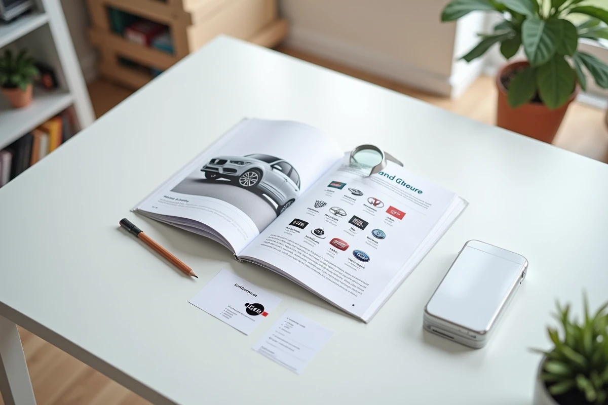 Guide des logos de marques automobiles ouvert sur un bureau avec loupe et fiches illustrées