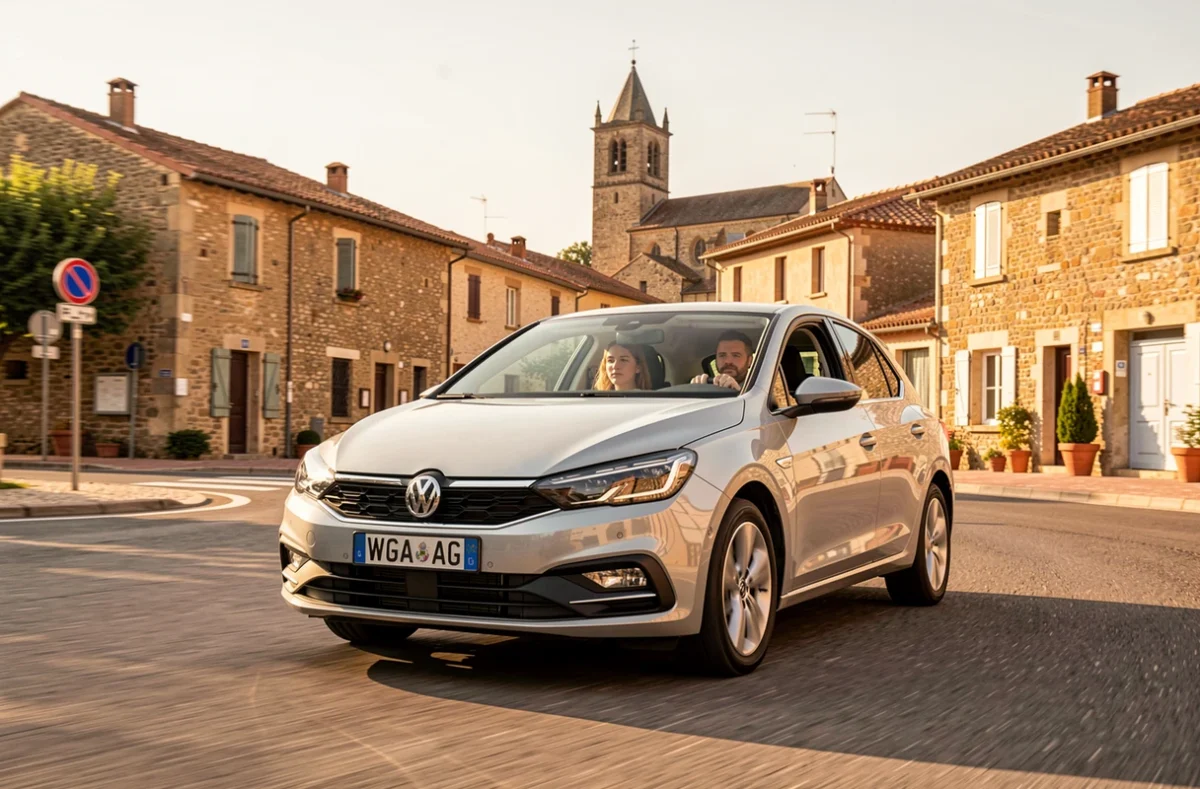Voiture d'auto-école Hiber Euro Gaillac naviguant un rond-point en ville avec les bâtiments en pierre et le clocher de Gaillac en arrière-plan