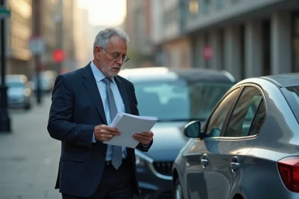 Homme d'affaires regardant des papiers à côté de sa voiture