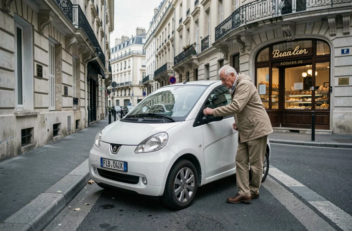 Homme âgé garant une petite voiture sans permis dans une rue parisienne typique