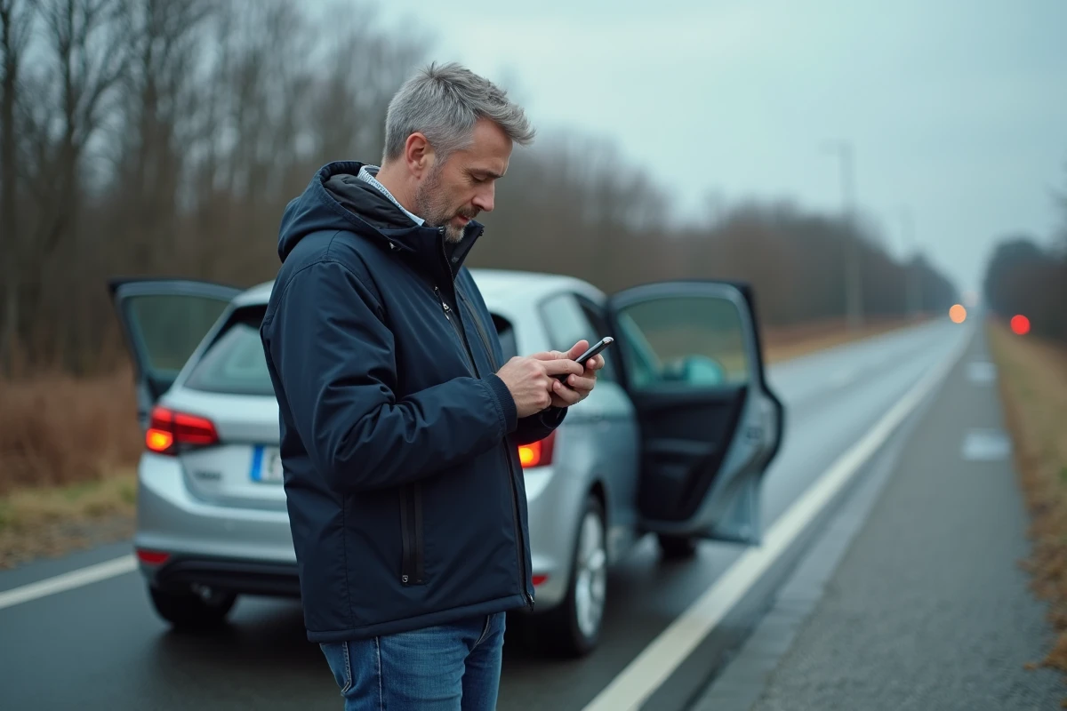 Homme arrêté sur le bord de la route consultant son téléphone après l'allumage du voyant d'alerte voiture