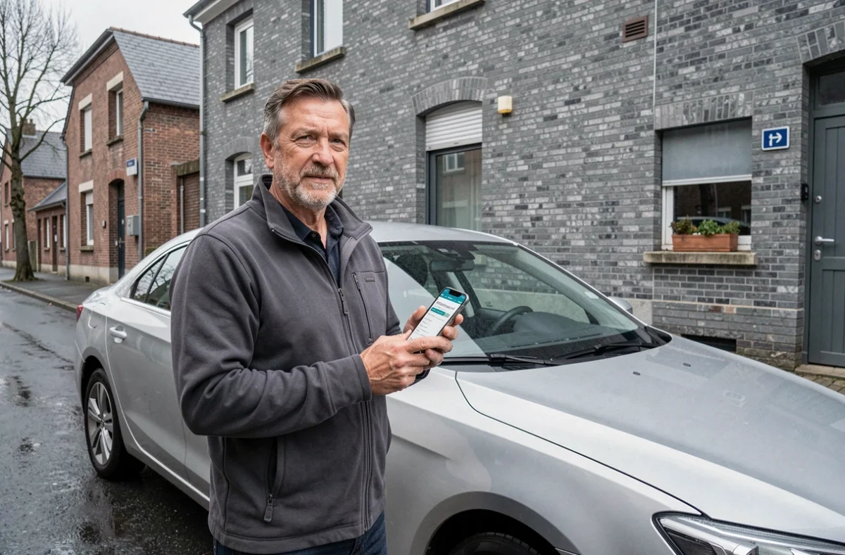 Homme consultant une application de comparaison d'assurance auto depuis son smartphone à côté de sa voiture à Denain