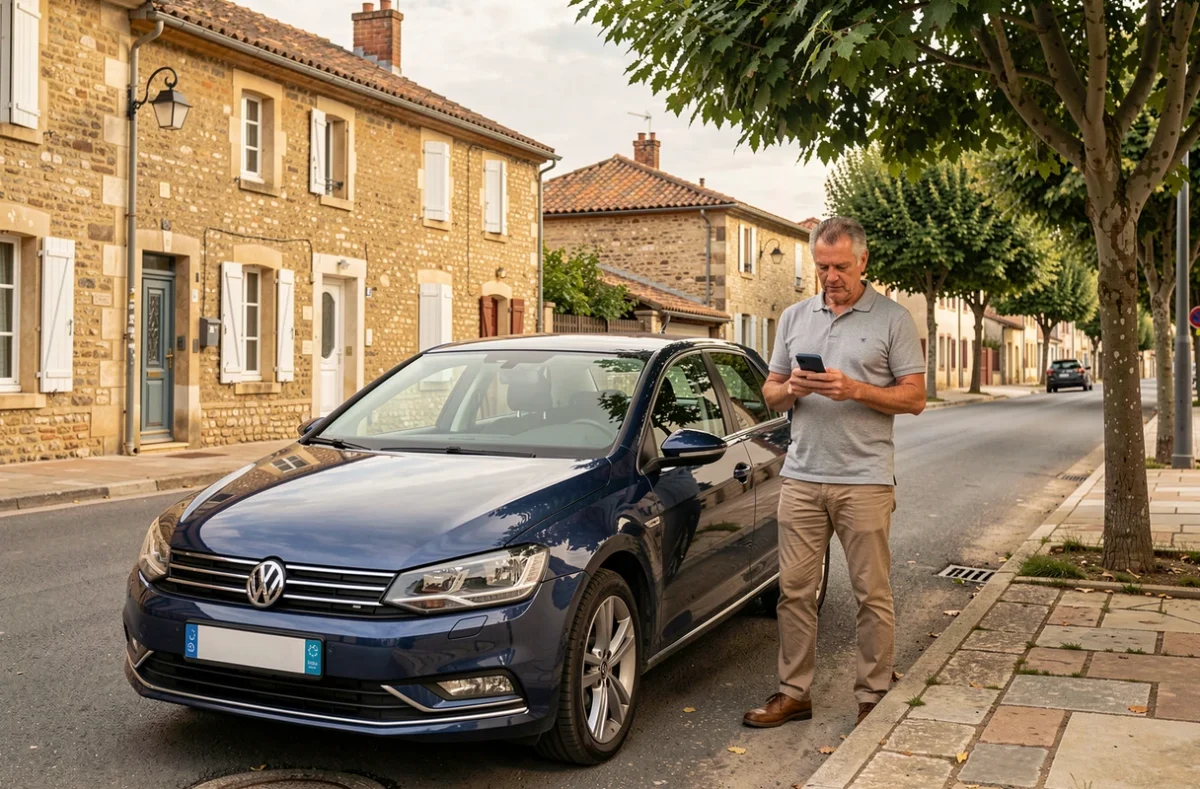Homme vérifiant son assurance auto sur smartphone près de sa voiture à Villeneuve-sur-Lot