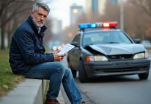 Accident de voiture : quelles indemnisations prévoir en cas de dommages ? Homme d'âge moyen assis sur un mur en ville avec une voiture accidentée