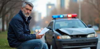Accident de voiture : quelles indemnisations prévoir en cas de dommages ? Homme d'âge moyen assis sur un mur en ville avec une voiture accidentée