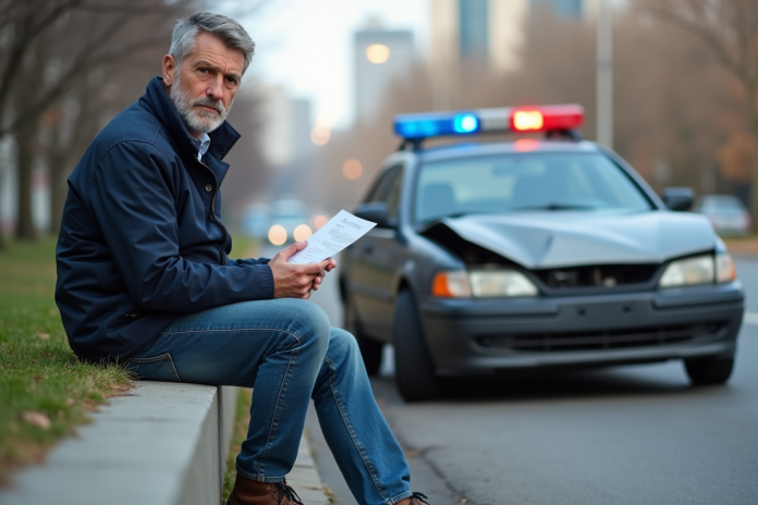 homme-assurance-voiture-urbain Homme d'âge moyen assis sur un mur en ville avec une voiture accidentée