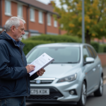 Homme d'âge moyen tenant documents d'assurance voiture devant une voiture