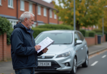 Homme d'âge moyen tenant documents d'assurance voiture devant une voiture